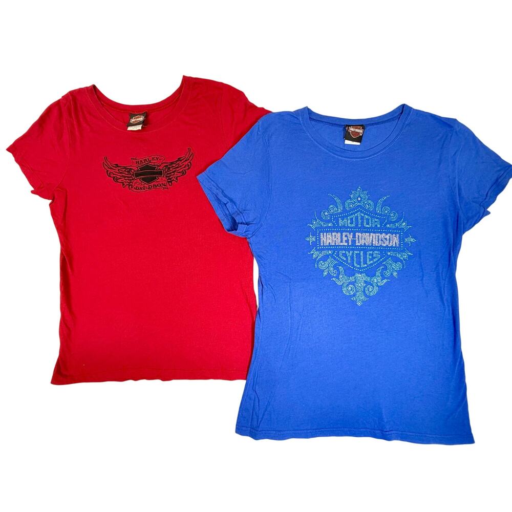 Harley Davidson Women’s Graphic T Shirt Lot 2 Red Blue Embellished Biker 1XL XXL